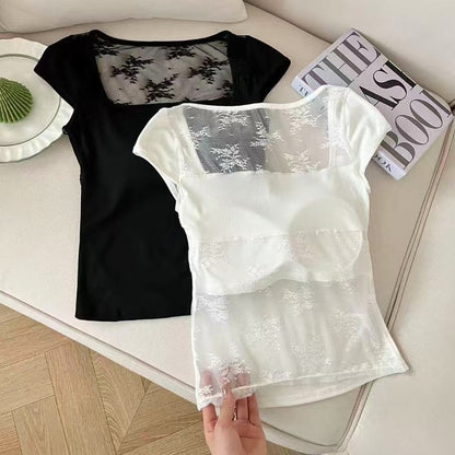 背中見せセクシーレース切り替えカップ付きTシャツ  2523
