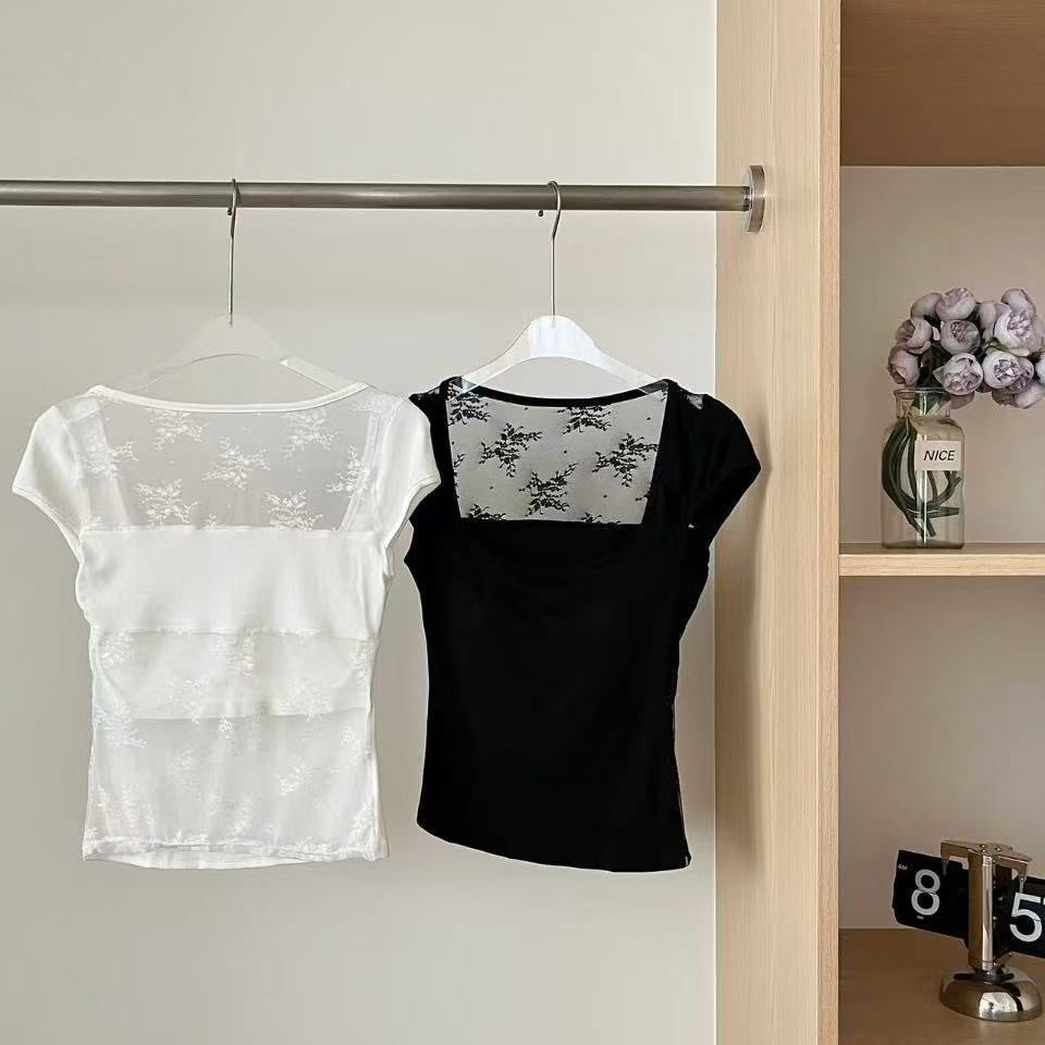 背中見せセクシーレース切り替えカップ付きTシャツ  2523