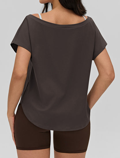 フィットネスワイドネックゆったり半袖Tシャツ 2575