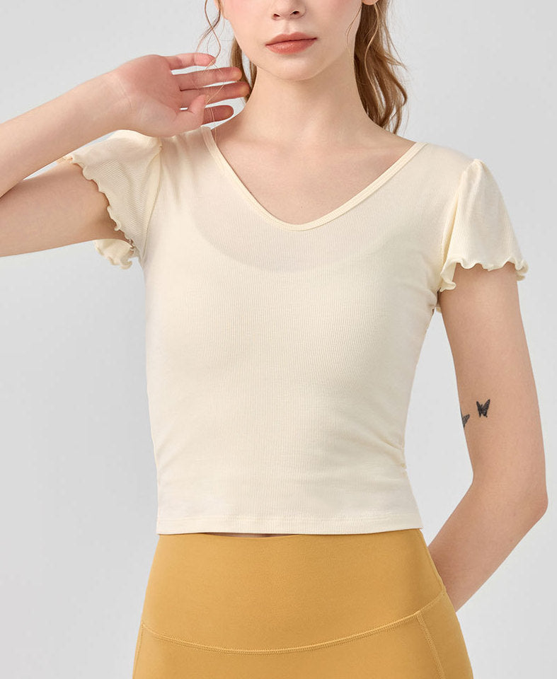 Vネックフリル袖ニットスポーツウェアTシャツ 2501