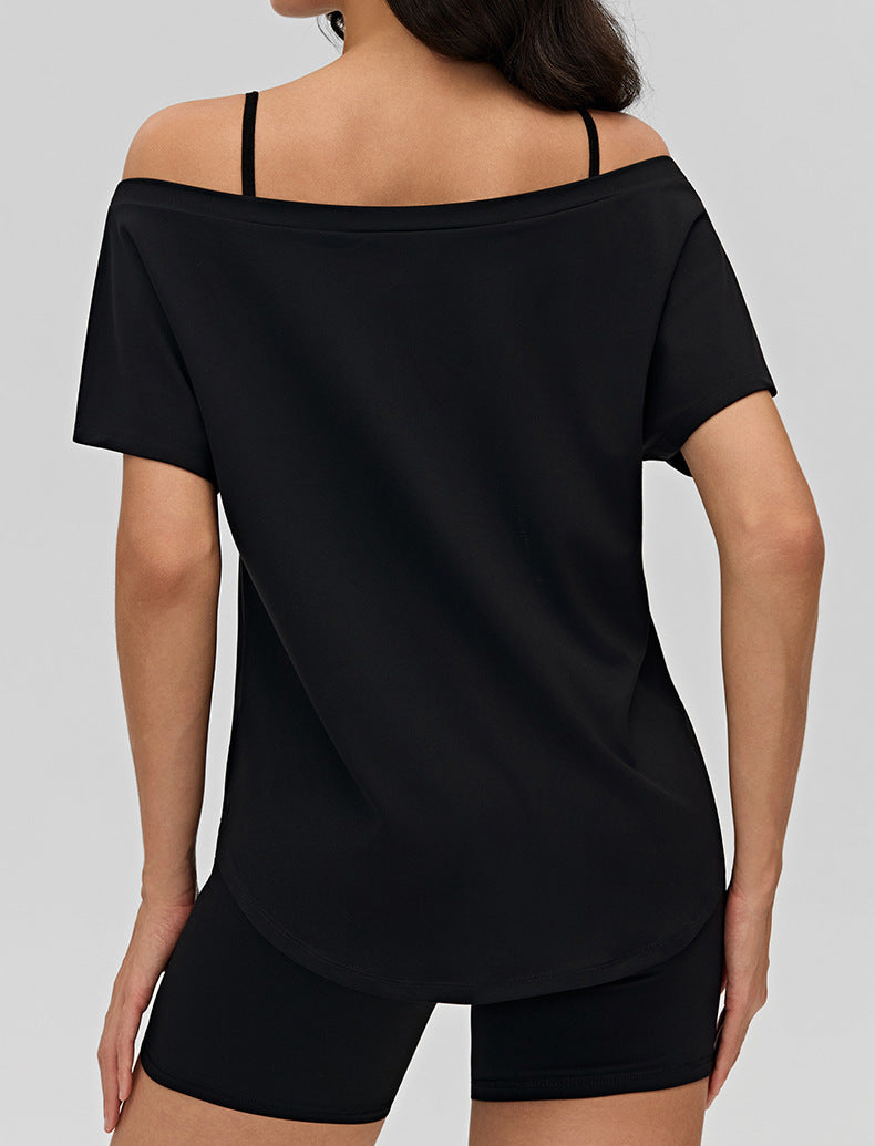 フィットネスワイドネックゆったり半袖Tシャツ 2575