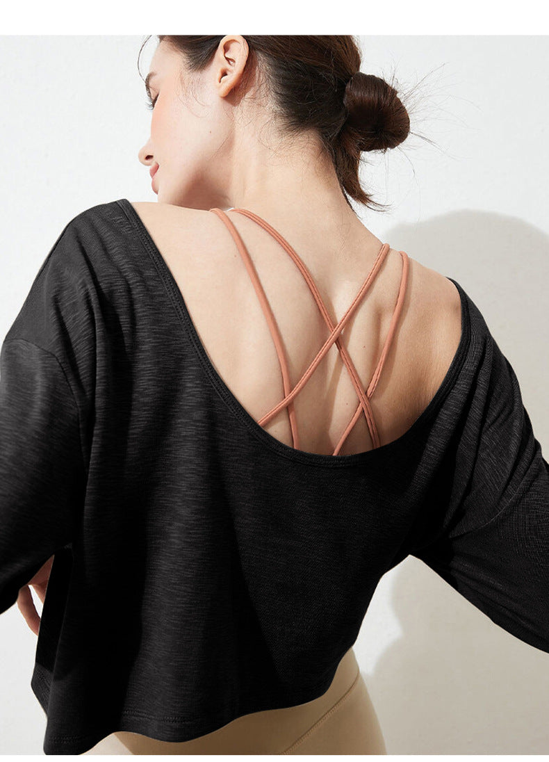 コットン クルーネック ゆったりヨガトップ 2391