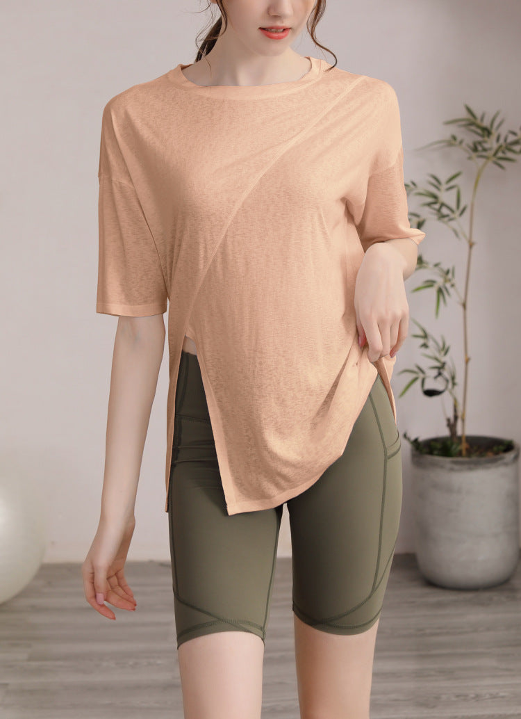 フィットネスゆったりテンセル半袖サイドスリットTシャツ 2471