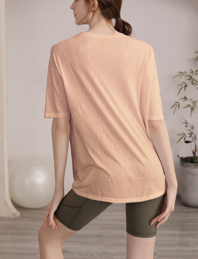フィットネスゆったりテンセル半袖サイドスリットTシャツ 2471