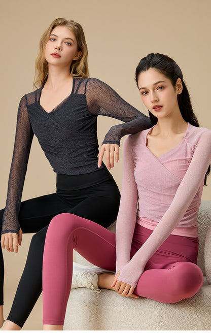 レイヤード風シースルー ロングスリーブヨガトップス 2398