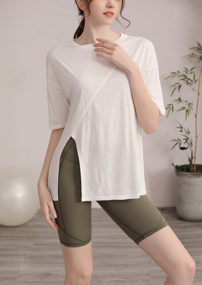 フィットネスゆったりテンセル半袖サイドスリットTシャツ 2471
