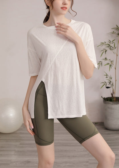 フィットネスゆったりテンセル半袖サイドスリットTシャツ 2471