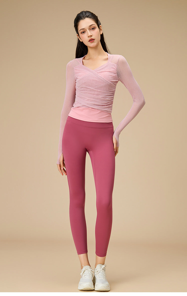 レイヤード風シースルー ロングスリーブヨガトップス 2398