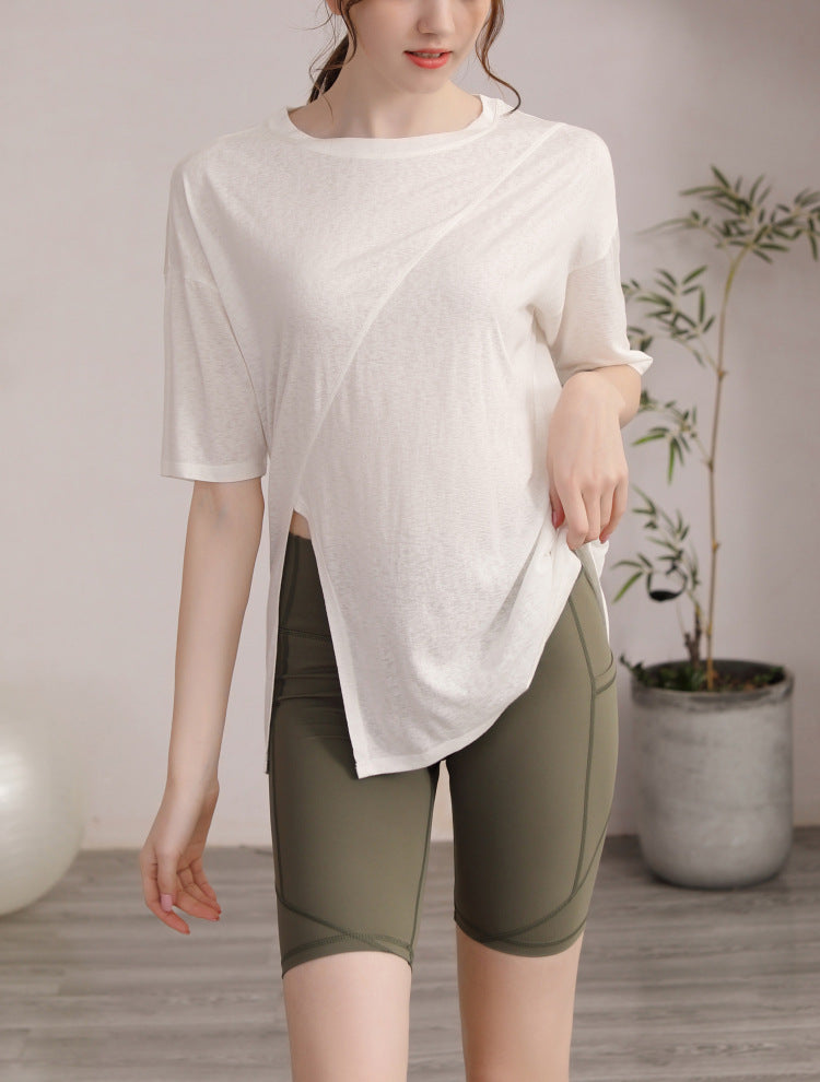 フィットネスゆったりテンセル半袖サイドスリットTシャツ 2471