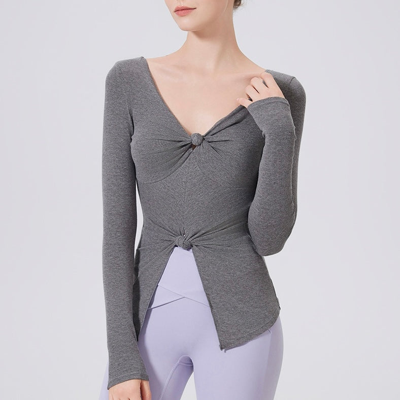 結び目デザインロングスリーブヨガトップス 2402