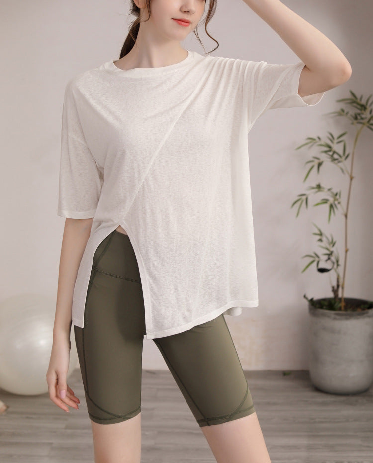フィットネスゆったりテンセル半袖サイドスリットTシャツ 2471