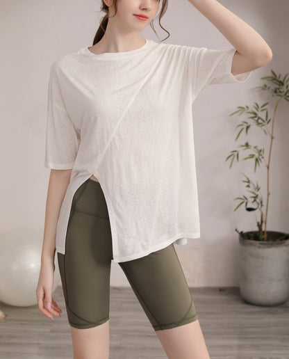 フィットネスゆったりテンセル半袖サイドスリットTシャツ 2471