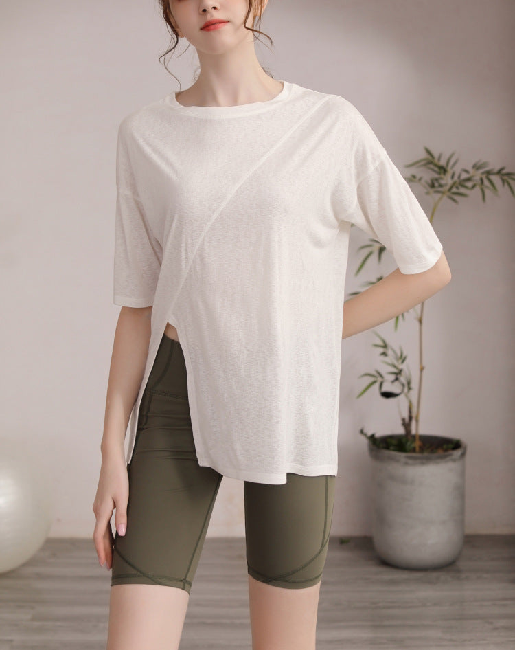 フィットネスゆったりテンセル半袖サイドスリットTシャツ 2471