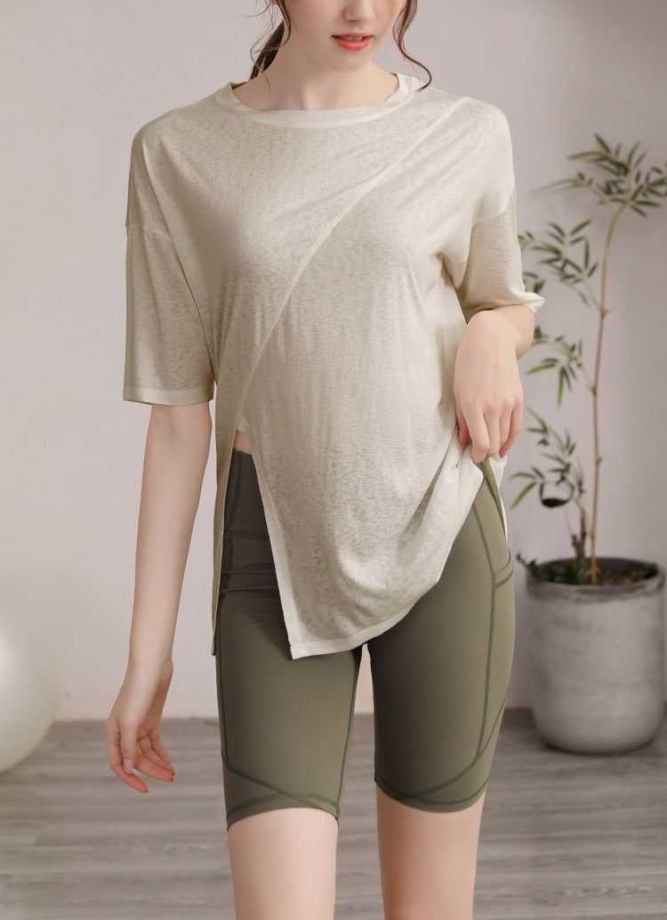 フィットネスゆったりテンセル半袖サイドスリットTシャツ 2471