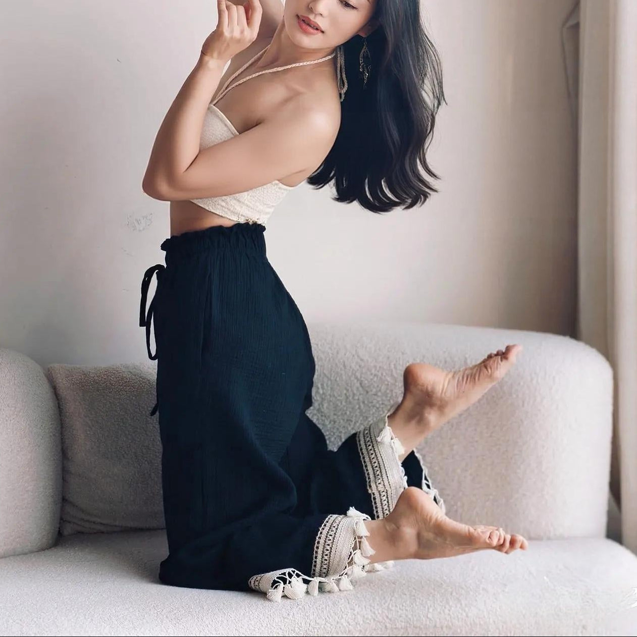 フリル＆タッセル付きベビーコットンヨガパンツ 3138