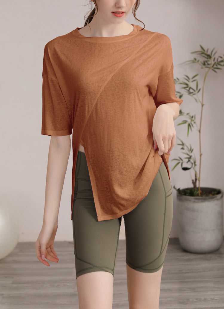 フィットネスゆったりテンセル半袖サイドスリットTシャツ 2471