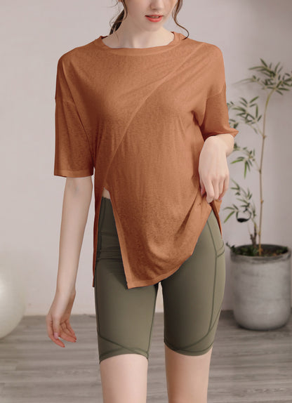フィットネスゆったりテンセル半袖サイドスリットTシャツ 2471