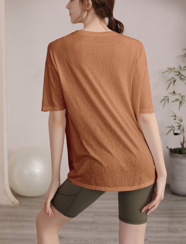 フィットネスゆったりテンセル半袖サイドスリットTシャツ 2471