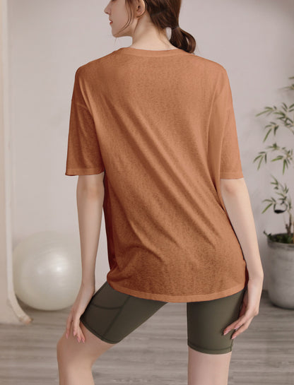 フィットネスゆったりテンセル半袖サイドスリットTシャツ 2471