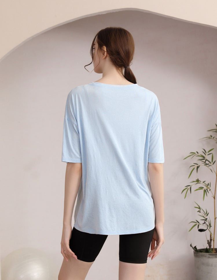 フィットネスゆったりテンセル半袖サイドスリットTシャツ 2471