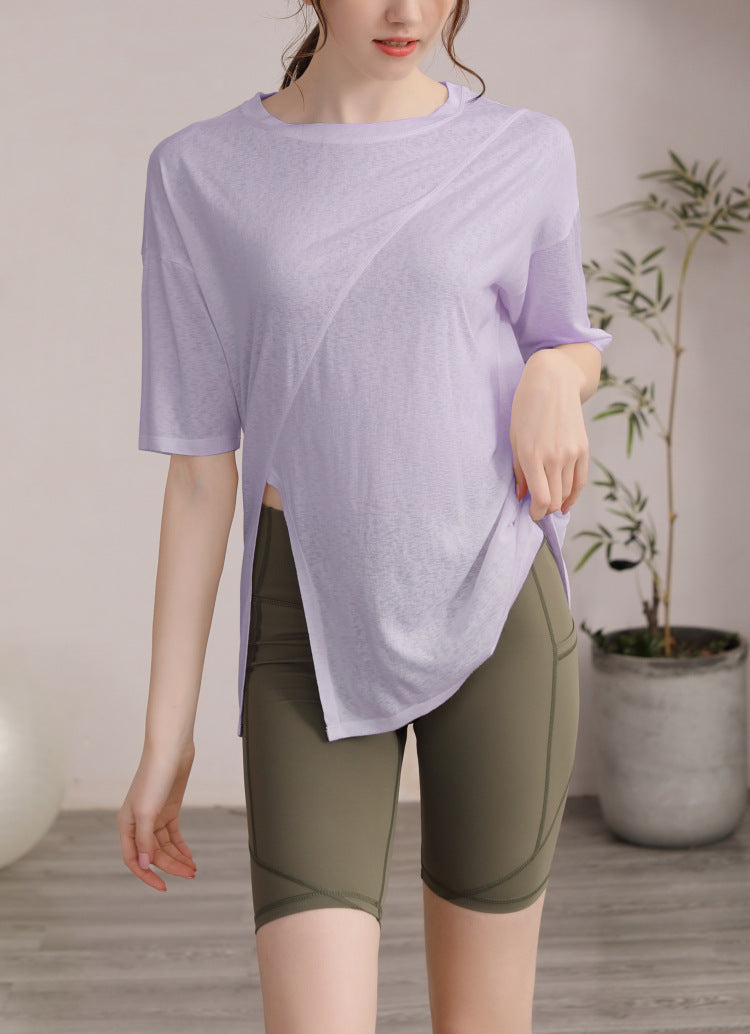 フィットネスゆったりテンセル半袖サイドスリットTシャツ 2471