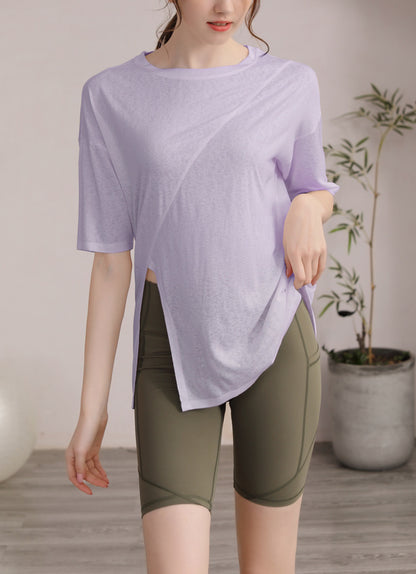 フィットネスゆったりテンセル半袖サイドスリットTシャツ 2471