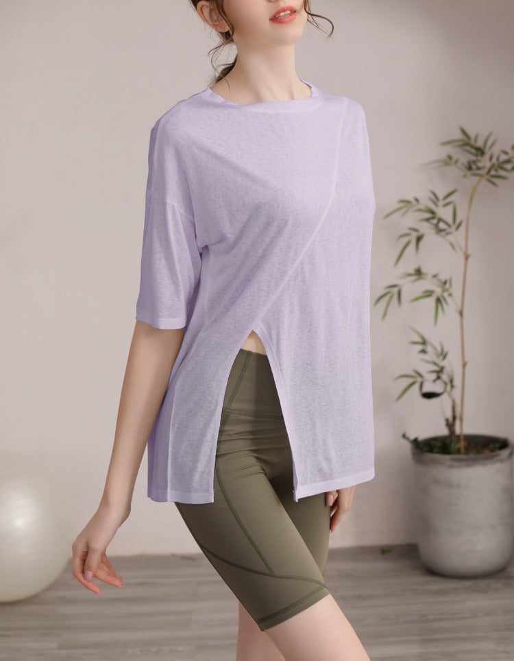 フィットネスゆったりテンセル半袖サイドスリットTシャツ 2471