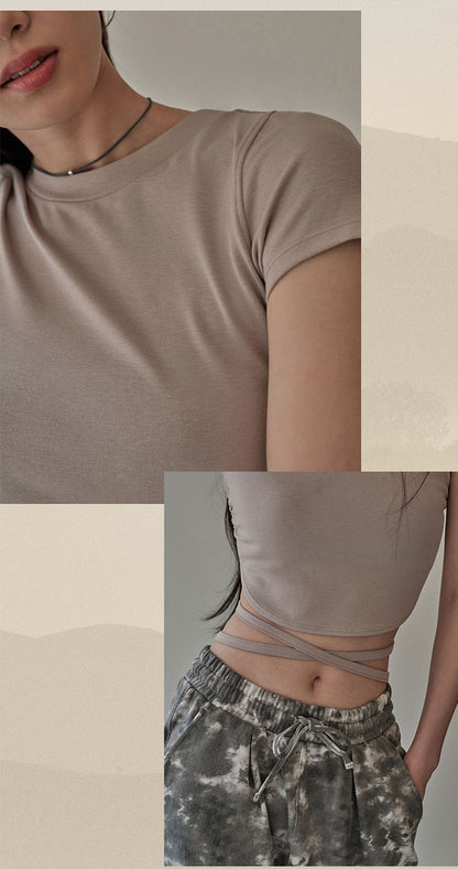 セクシーおしゃれ背中開き紐付きスポーツウェアトップスTシャツ 2449