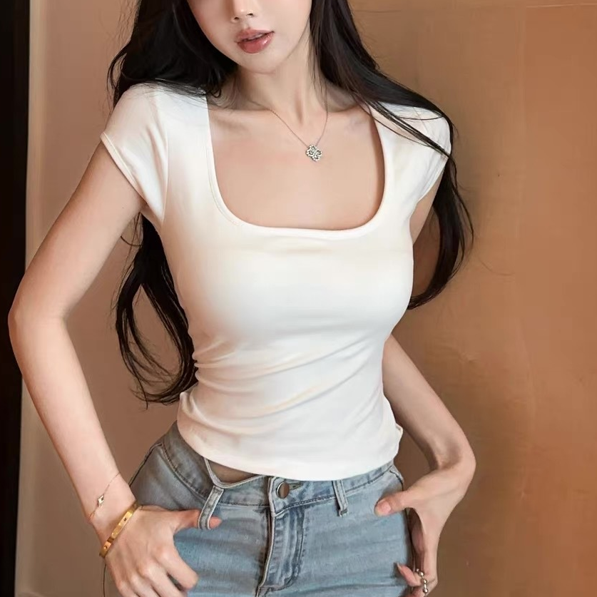 背中見せセクシーレース切り替えカップ付きTシャツ  2523