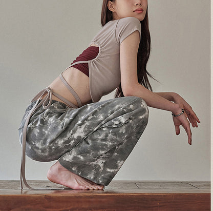 セクシーおしゃれ背中開き紐付きスポーツウェアトップスTシャツ 2449