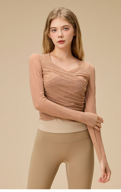 レイヤード風シースルー ロングスリーブヨガトップス 2398