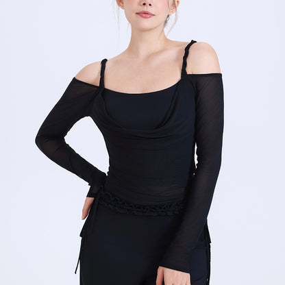 ケーブル編みメッシュのオフショルダートップス 2417