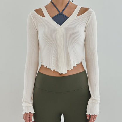 【予約販売】オフショルダー Vネック フリルヨガトップス 2414