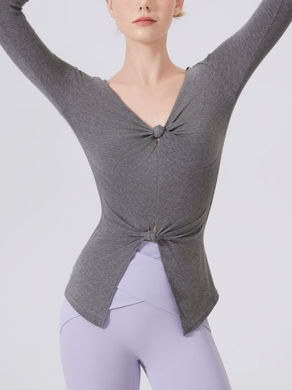 結び目デザインロングスリーブヨガトップス 2402