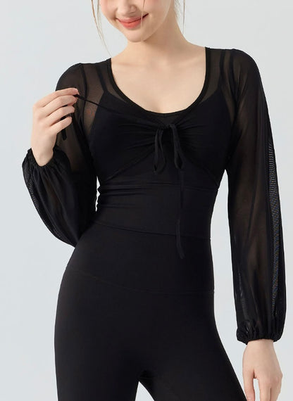 フェイクツー リボン メッシュ ヨガトップス 2416