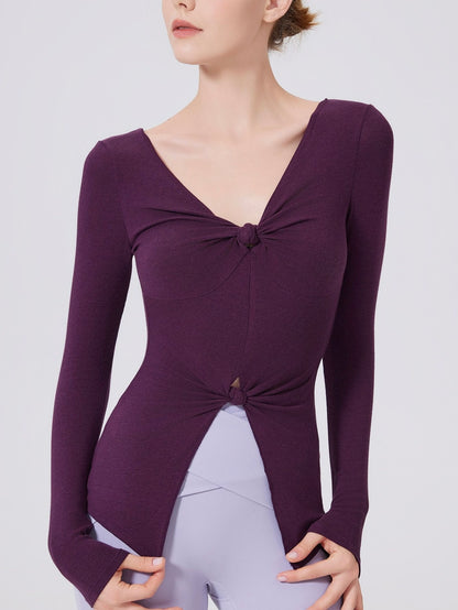 結び目デザインロングスリーブヨガトップス 2402