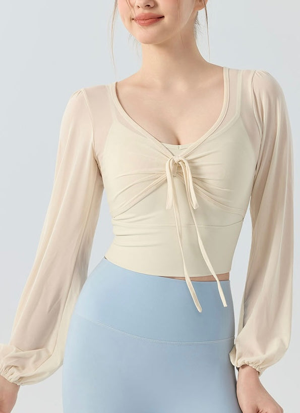 フェイクツー リボン メッシュ ヨガトップス 2416