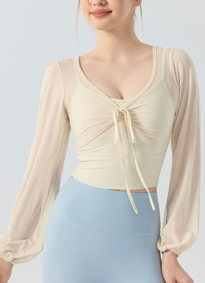 フェイクツー リボン メッシュ ヨガトップス 2416