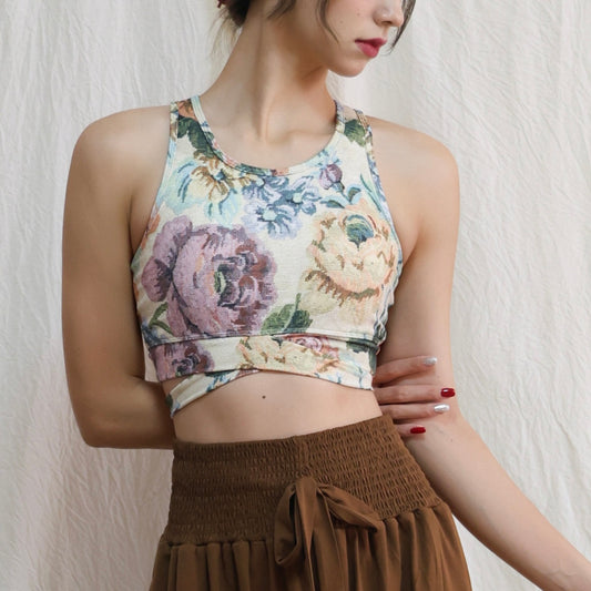 レトロプリント クロスストラップ ヨガトップス 2412