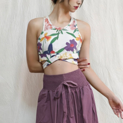 レトロプリント クロスストラップ ヨガトップス 2412