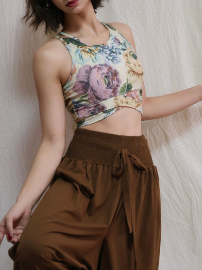 レトロプリント クロスストラップ ヨガトップス 2412