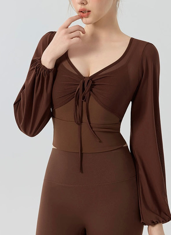 フェイクツー リボン メッシュ ヨガトップス 2416