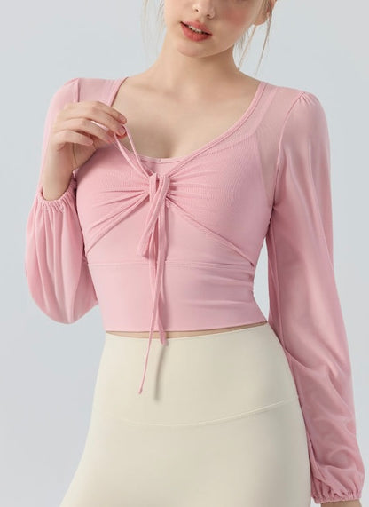 フェイクツー リボン メッシュ ヨガトップス 2416