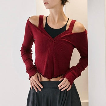 【予約販売】オフショルダー Vネック フリルヨガトップス 2414