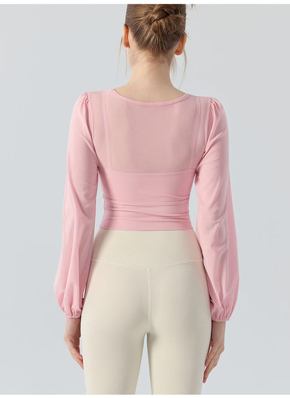 フェイクツー リボン メッシュ ヨガトップス 2416