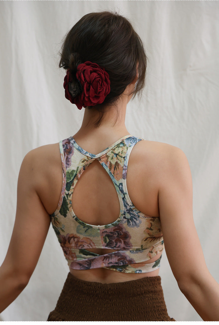 レトロプリント クロスストラップ ヨガトップス 2412