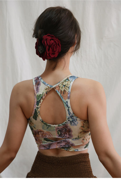 レトロプリント クロスストラップ ヨガトップス 2412