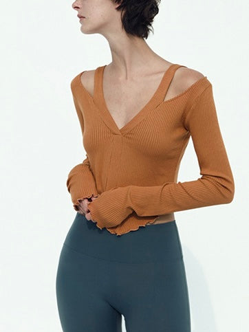 【予約販売】オフショルダー Vネック フリルヨガトップス 2414