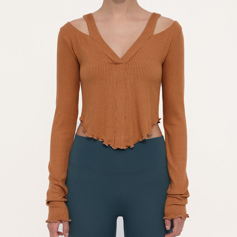 【予約販売】オフショルダー Vネック フリルヨガトップス 2414