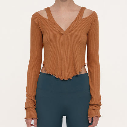 【予約販売】オフショルダー Vネック フリルヨガトップス 2414